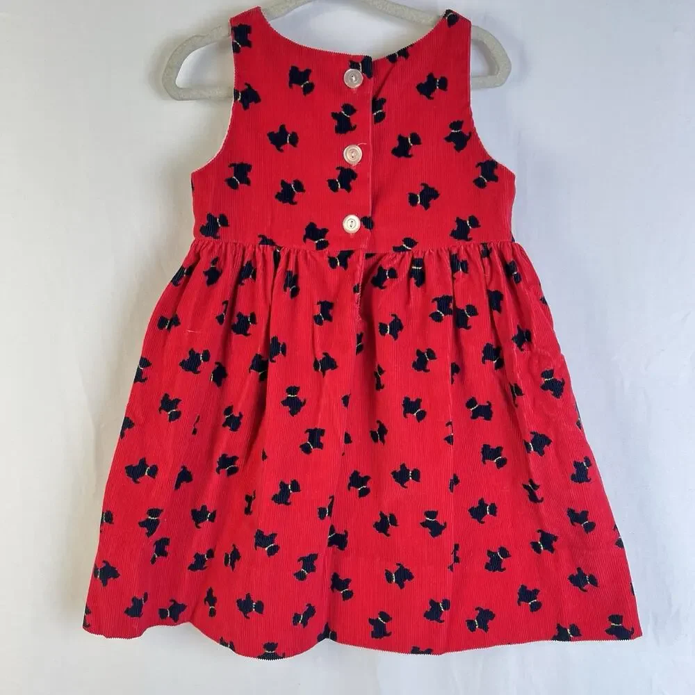 Vintage Kelly's Kids Corduroy Dress Girl's 2 Scottie Dogs Red Christmas USA